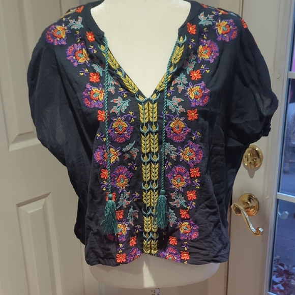 NATURAL LIFE Tops - NATURAL LIFE Black Blouse with Colorful Embroidery